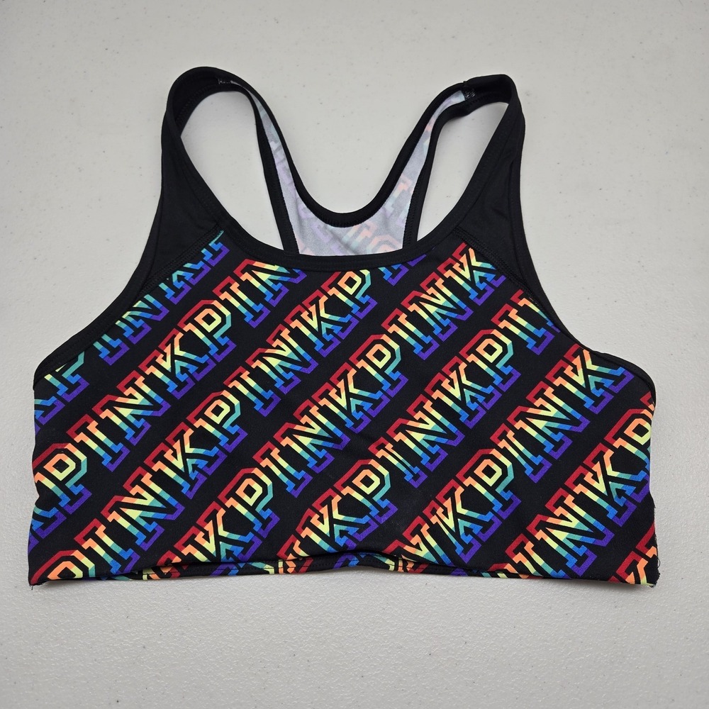 PINK Victoria's Secret Women Sports Bra M Black Rainbow Logo Ultimate‎ Unlined